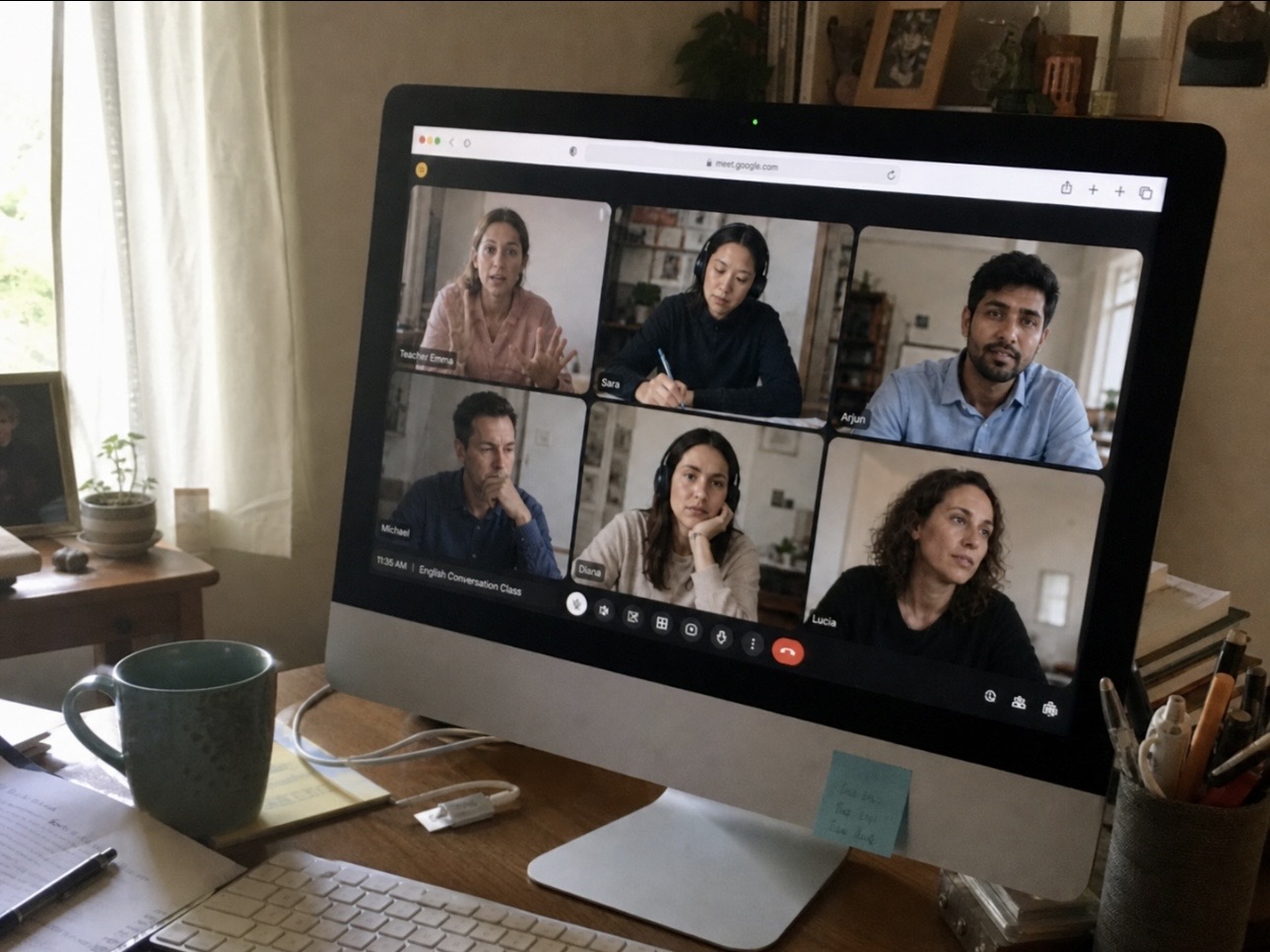 Live online English speaking class on Google Meet with teacher and students